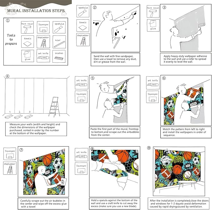 AFZEVEB-Colorful Graffiti Wallpaper Hand-Painted Ball Wall murals for Kids Room 136"x96"(Not Peel and Stick)
