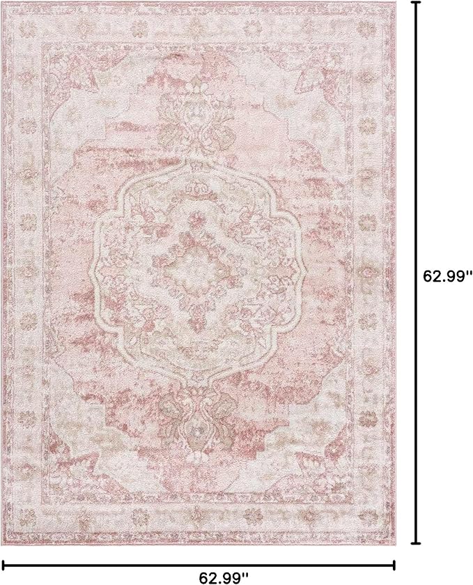 BoutiqueRugs Blush & Light Pink Collection Kandos Bohemian Oriental Medallion Area Rug - Traditional Floral Carpet for Living Room, Bedroom - Blush, Dusty Pink, Cream - 5'3" Square