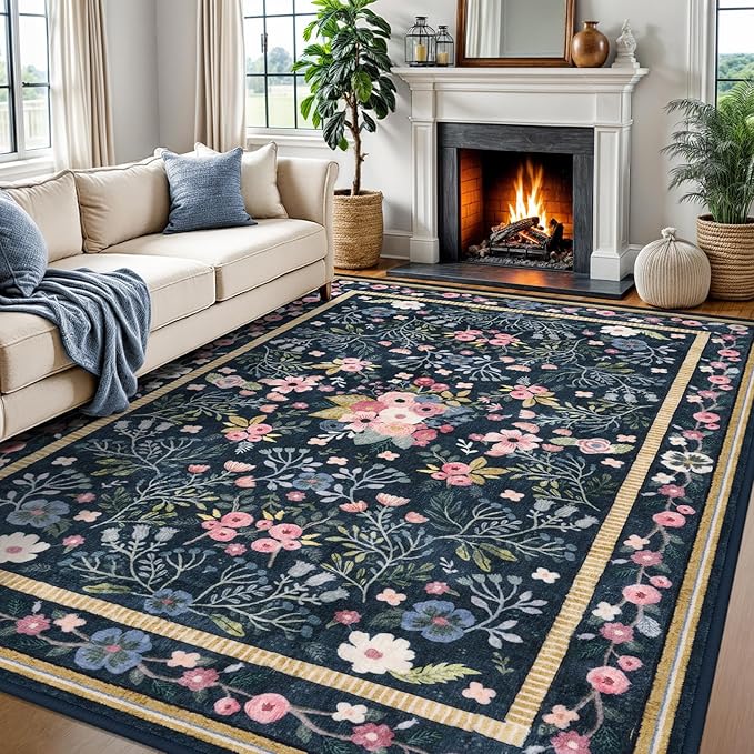 Area Rugs for Living Room 8x10, Washable Non-Slip Thin Floral Vintage Boho Rug for Bedroom Dining Room Office, Nursery Rug Indoor Lightweight Carpet, Blue/Multi