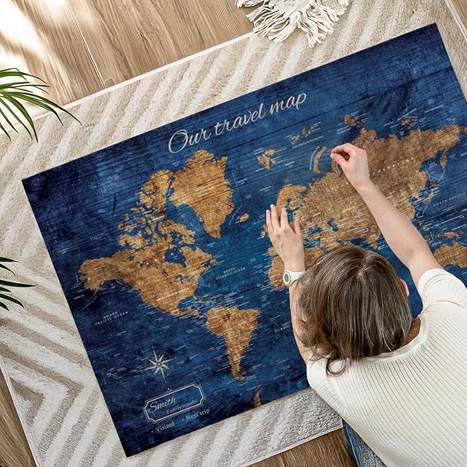 ElephantStock - Personalized Our Travel I Push Pin World Map Wall Art - Horizontal Canvas Wall Art - Living Room Wall Decor - Digital Art Map Canvas Art - Brown And Blue Decor - 48" x 32"