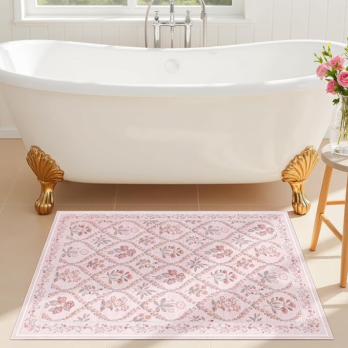 Small Throw Rug for Bedreoom 2x3 Washable Boho Aesthetic Pink Floral Non Slip Cute Area Rug for Side of Bed Teen Girls Room Kitchen Bathroom, Pink Multi
