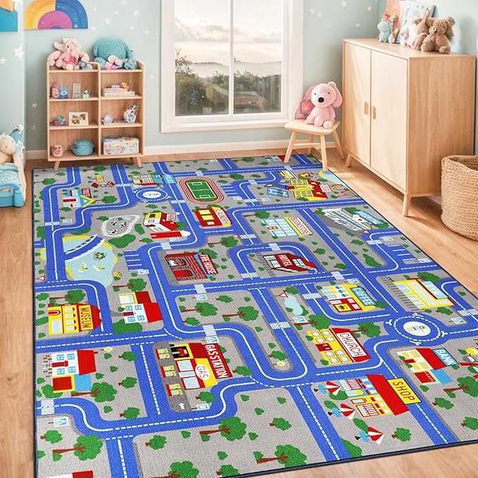Kids Carpet Playmat Rug 6'6''x9'8'', Kids Rugs for Bedroom, Non-Slip Town City Road Map Car Rugs for Kids Toy Cars, Track Carpet Play Rug for Playroom Classroom Decor (Blue)