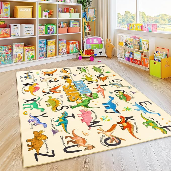 Kids Rugs for Playroom, 7x9 Feet Educational Rug for Learn The ABC Alphabet, Soft Machine Washable Non-Slip Cute Dinosaur Carpet for Classroom Toddler Nursery Kids Room Decor Mat, Beige