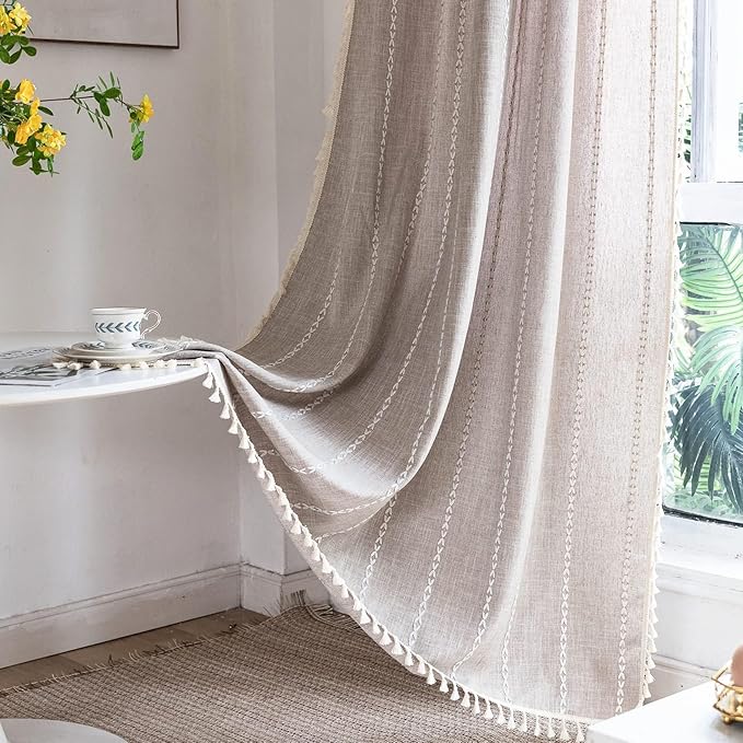 Deeprove Boho Curtains 108 Inches Long for Bedroom Living Room Patio, Bohemian Embroidery Cotton Linen French Country Window Treatment Tassel Drape Light Filter, W52 x L108 1 Panel, Natural