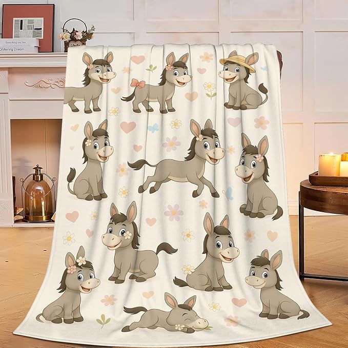 Cute Donkey Throw Blanket Funny Animal Donkey Blanket Soft Cozy Fleece Fuzzy Plush Warm Stuff Bedding Nursery Toddler Baby Blankets Gifts for Boys Girls Kids Adult Men Women 50"X60"