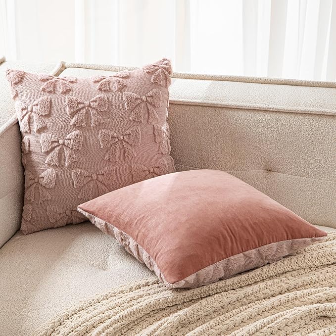 MIULEE Blush Pink Bow Pillow Covers Coquette Room Decor Aesthetic Set of 2 Decorative Cute Girl Throw Pillow Soft Plush Faux Pillowcase for Girl Bed Couch Sofa,20x20 Inch