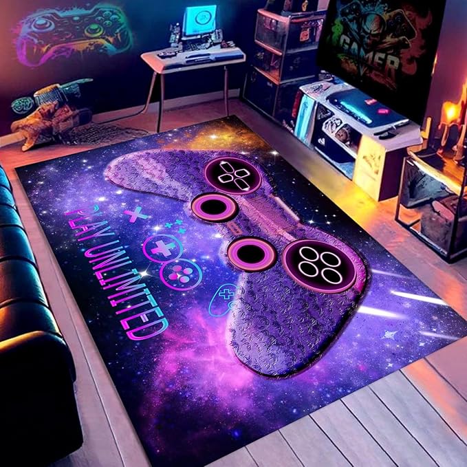 Game Controllers Area Rug,4x5ft,Play Unlimited Gamepad Rug Soft Machine Washable Teen Boy Rugs for Bedroom Durable Non-Slip Gaming Mat for Gaming Room Decor Cool Carpet