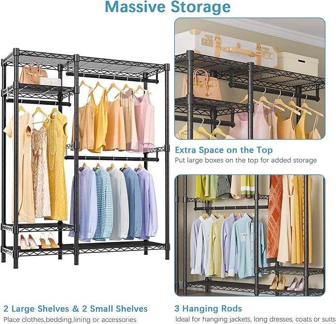 VIPEK Clothes Rack for Hanging Clothes, Heavy Duty Closet Rack with 4 Tiers Wire Shelving & 3 Hanging Rods, Free Standing Closet Wardrobe, 45" Lx16.5 Wx76.4 H, Max Load 700LBS, Black