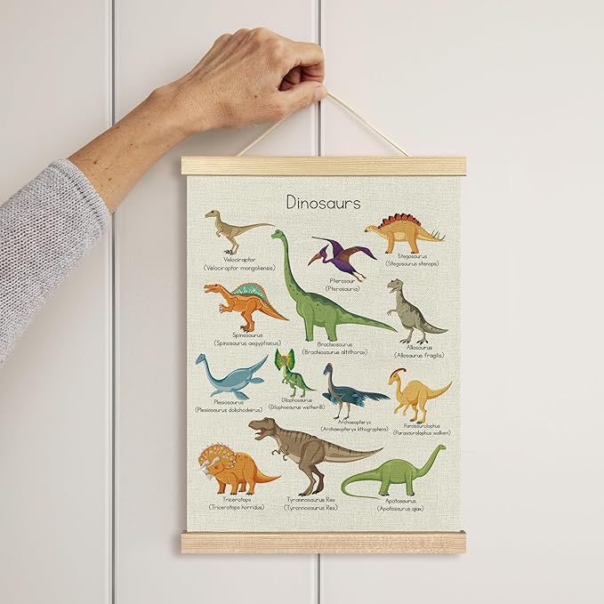 BCUANGD Dinosaur Dino Wall Decor - Toddler Boys Room Wall Art Poster Hanger with Wood Frames, Inspirational Wall Hanging Canvas Decor for Kids Baby Room Nursery Bedroom, 12x16 Inches