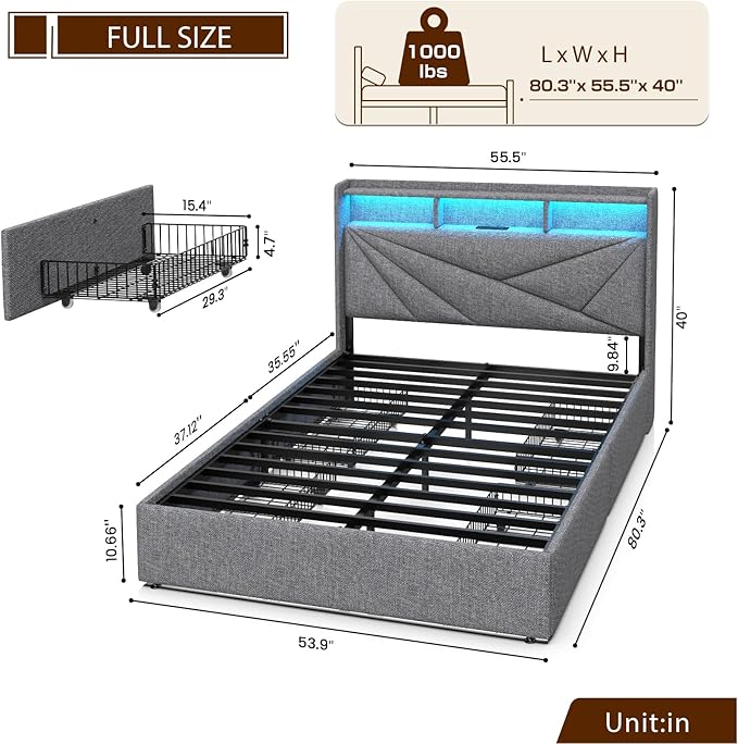 LED Full Size Bed Frame with 4 Storage Drawers, Upholstered Full Bed Frame with 2-Tier Headboard and Charging Station, No Box Spring Needed, Easy to Assembly - Light Grey