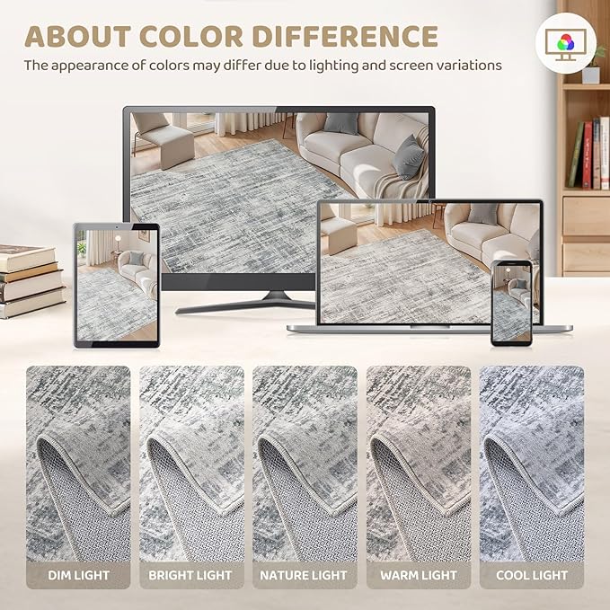 Area Rug for Living Room: 4x6 Washable Neutral Abstract Modern Soft Rugs Non Slip Indoor Floor Stain Resistant Carpet for Bedroom Dining Room Office Nursery - Gray