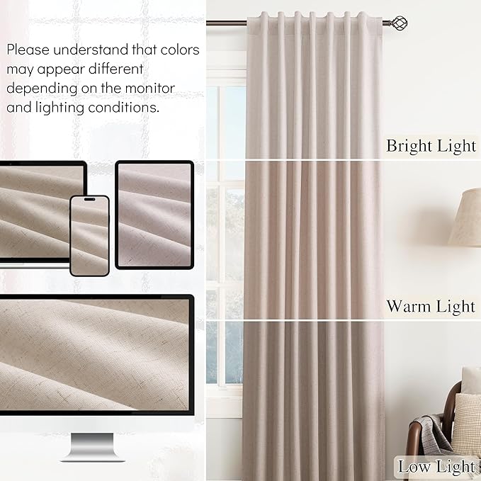 Guken Champagne Linen 100% Black Out Curtains for Bedroom Windows 96 Inch Long 2 Panels Back Tab Hook Belt Decor for Living Room Light Blocking Privacy Modern Dining Room Patio Door 52x96 8Ft