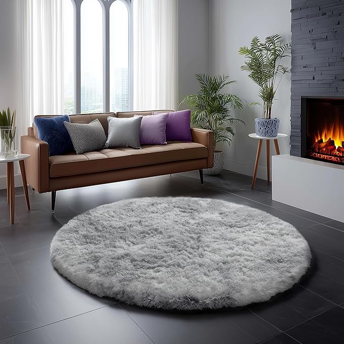 Amdrebio Tie-Dyed Light Grey Round Area Rugs for Living Room, 6x6 Ft, Soft Large Circle Rugs for Bedroom, Big Shag Fluffy Fuzzy Carpet for Kids Room, Modern Floor Circular Rug, Furry Farmhouse Rug