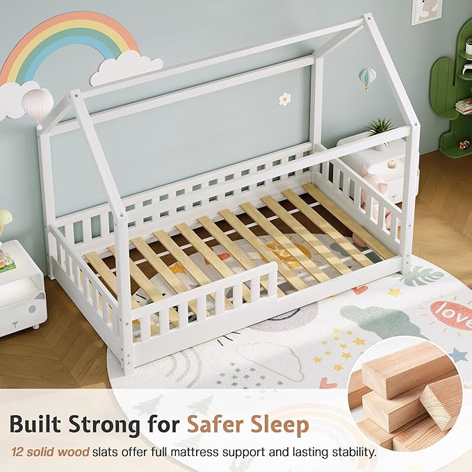 Jocisland Twin Size House Bed for Kids, Montessori Wooden Floor Bed Frame with Guardrails, Removable Rails, Playhouse Roof, Easy Assembly, Toddler Floor Bed for Boys & Girls, White