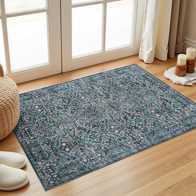 2x3 Washable Entry Rug,Retro Green Front Door Rugs，Non-Slip Vintage Throw Small Carpet for Bedroom Kitchen Classroom Rug Bathroom Children's Room Entrance