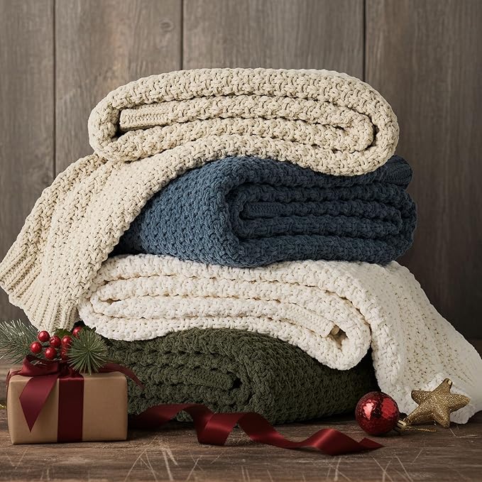EVERGRACEHOME Chunky Chenille Knit Throw Blanket for Couch, Soft Luxurious Moss Stitch Blankets for Bed, Cozy Decorative Farmhouse Knitted Throws for Sofa, Olive Green, 50" x 60"