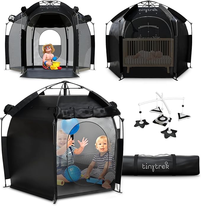 TinyTrek Baby Crib Tent - Breathable Crib Canopy Blackout Tent w/Hanging Toy, Travel Bag for Toddler Blackout Pack N Play Cover - On The Go Dome, Safety Baby Camping Kid Sleep Pod for Indoor Outdoor