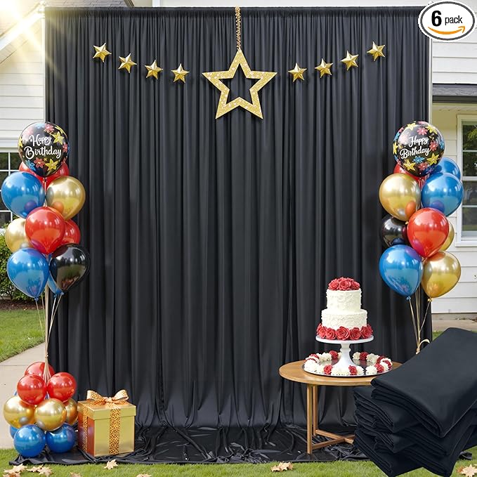 40x12 ft Black Backdrop Curtain, 8 Panels 5x12 ft Long Wrinkle Free Silky Polyester Fabric Wedding Backdrop Drapes Black Photo Back Drop Curtains for Parties Photography Background Cloth