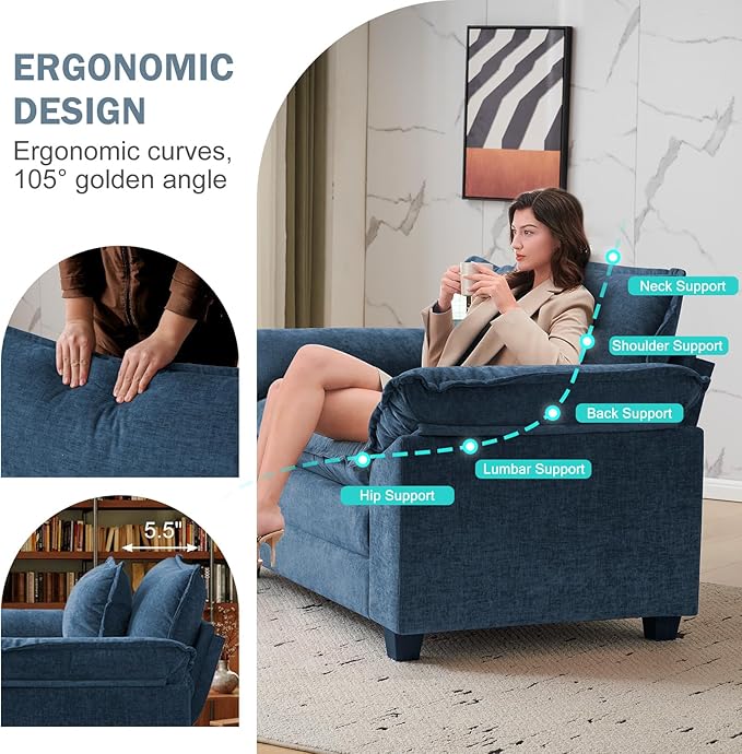 CDCASA Oversized Accent Chair, Chenille Mid Century Modern Armchair, Comfy Upholstered Seating Reading Cloud Sofa Chairs for Bedroom Living Room, Set of 2,Blue