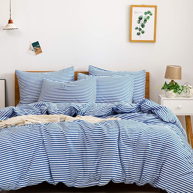 JELLYMONI 100% Natural Cotton 3pcs Striped Duvet Cover Sets,White Duvet Cover with Blue Stripes Pattern Printed Comforter Cover,with Zipper Closure & Corner Ties(Queen Size)