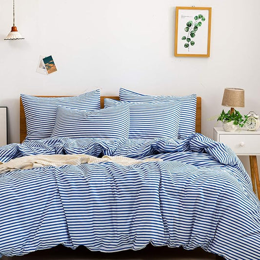 JELLYMONI 100% Natural Cotton 3pcs Striped Duvet Cover Sets,White Duvet Cover with Blue Stripes Pattern Printed Comforter Cover,with Zipper Closure & Corner Ties(Queen Size)