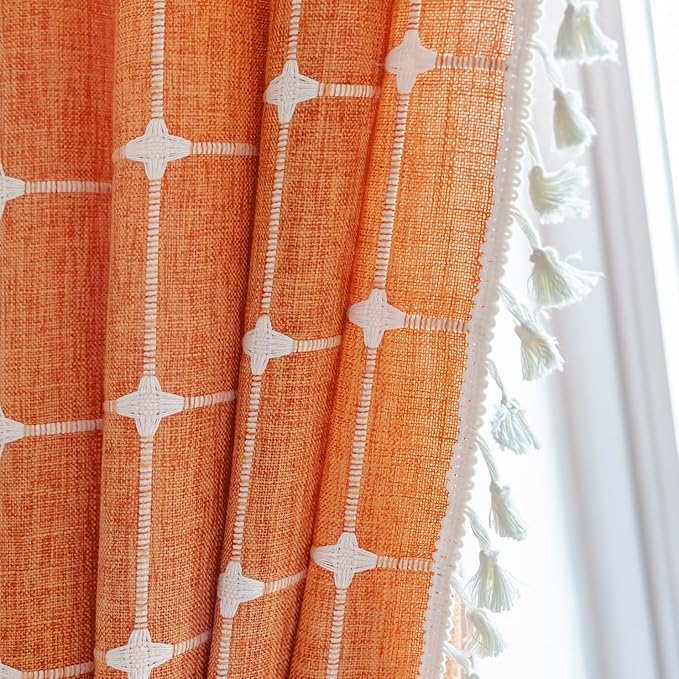 Deeprove Boho Curtains 63 Inches Long for Bedroom Living Room, Cotton Linen Plaids Textured Semi Blackout Bohemian Farmhouse Fall Window Treatment Grids Drape Tassels, 1 Panel W52 x 63, Burnt Orange