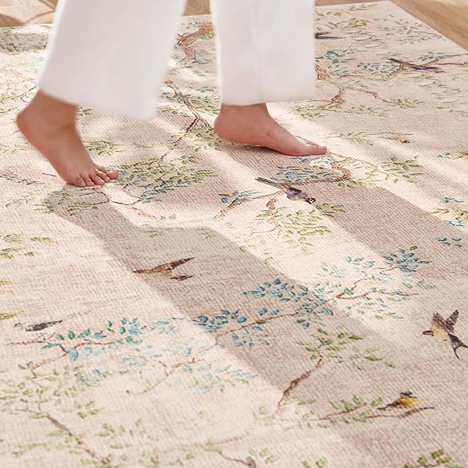 jinchan Yarden Botanical Birds 8x10 Beige Area Rugs for Living Room Washable Non Slip Soft Nature Plants Modern Carpet Vintage Ultra Thin Low Pile Indoor Rug for Bedroom Dining Room Nursery Playroom