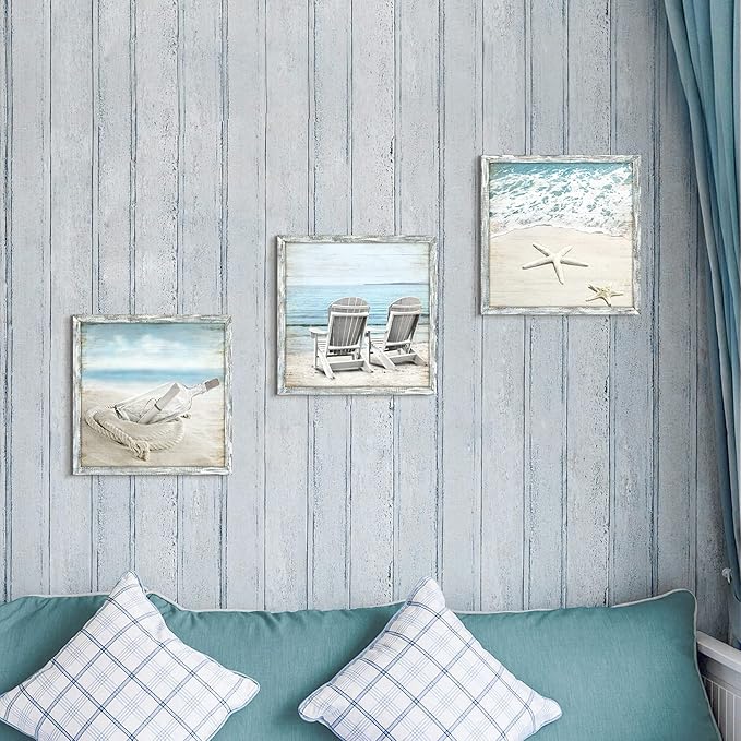 Seascape Pictures Framed Wall Artwork: Ocean Wall Art Set of 3 Beach Chairs & Drift Bottle Wall Art Coastal Prints on Wood for Bedroom
