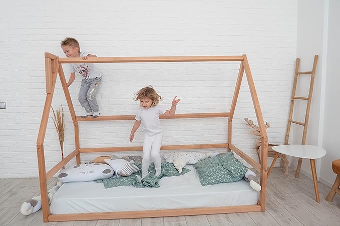 Montessori House Floor Bed - Toddler Floor Bed for Kids - King Low Kids Bedframe - Water Based Paint Used - 5 Sizes: Small, Twin, Full, Queen (Model 1)