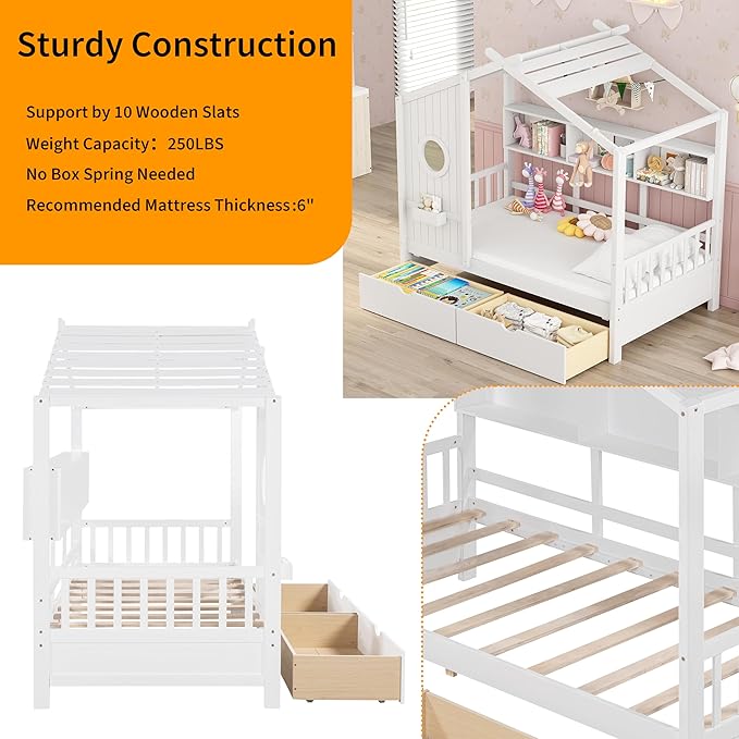 Linique Wooden Twin Size House Bed with 2 Drawers and Storage Shelf,Twin Platform Bed Frame with Pitched Roof,White