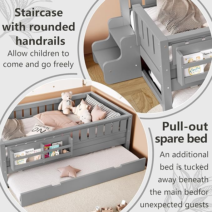Bellemave Twin Bed with Trundle Twin and Stairs, Twin Size Platform Bed Frame with Fence and Bookshelf, Easy Assemble Beds for Kids, Girls, Boys, Gray