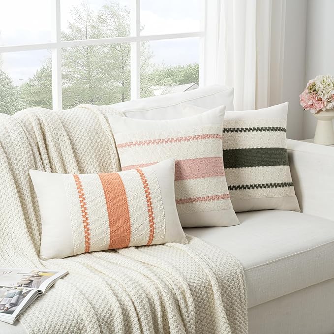 Fancy Homi Set of 2 Boho Pink Decorative Throw Pillow Cover 22x22 Inch for Couch Bed Sofa, Aesthetic Modern Organic Farmhouse Home Decor, Soft Cotton Cute Accent Macrame Woven Cushion Case