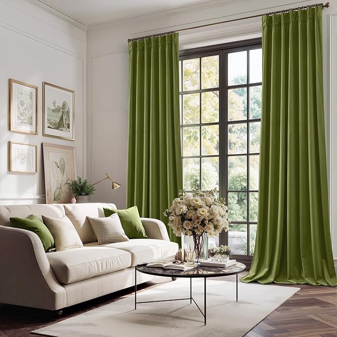 StangH 108 inch Pinch Pleat Velvet Curtains for Living Room, Olive Green Room Darkening Bedroom Drapes with Hooks Vertical Holiday Decorative Panels for Dining Room, W40 x L108, 2 Panels