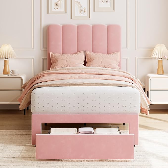 GarveeHome 2 Sets Twin Bed Frame with Under-Bed Drawer, Upholstered Platform Bed with Wave Headboard for Kids/Girls, Wooden Slats Support, No Box Spring Needed, Velvet Pink