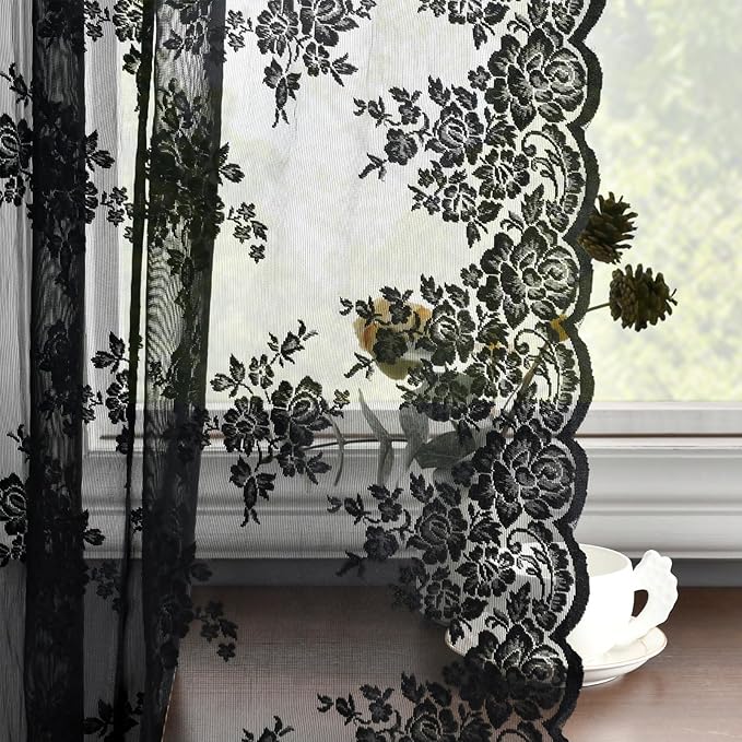 Kotile Black Lace Curtains 84 Inches Long 2 Panels, Country Rustic Floral Gothic Sheer Lace Curtains for Living Room, Rod Pocket Vintage Privacy Black Sheer Curtains, 42 x 84 Inch, 1 Pair