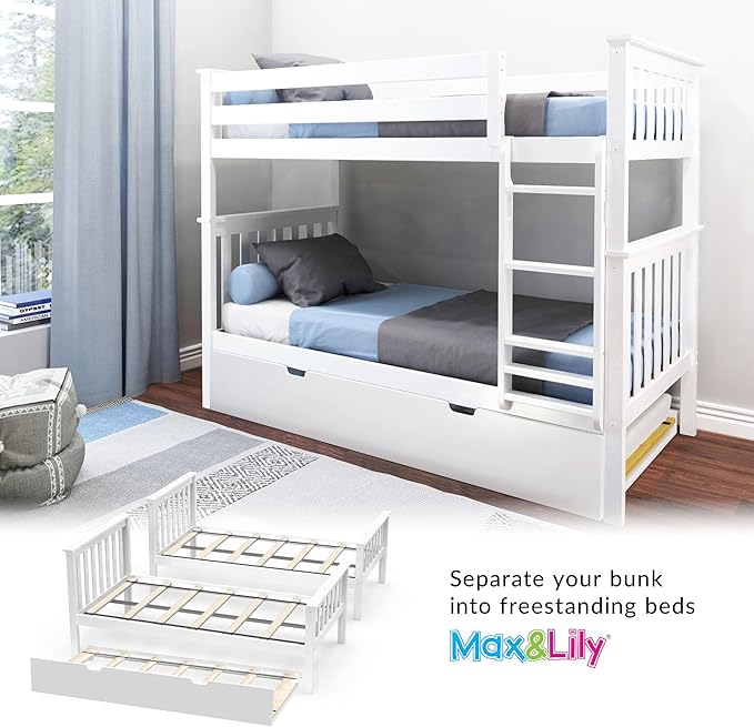 Max & Lily Bunk Bed, Twin-Over-Twin Wood Bed Frame For Kids With Trundle, White