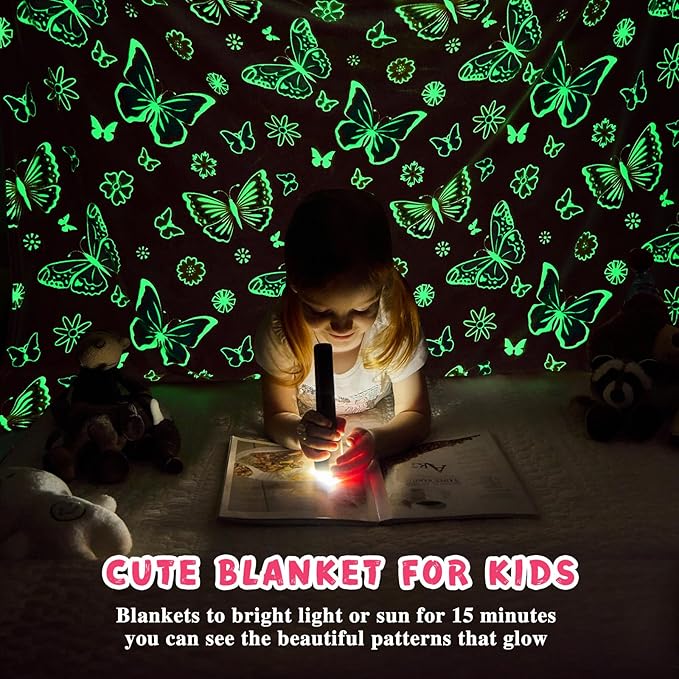 inhand Butterfly Toys for 2 3 4 5 6 7 8 9 10 Year Old Girls,Girl Birthday Gifts Glow in The Dark Blanket Butterfly Soft Fleece Decorations for Kids Room（50"X60" Pink Butterfly）