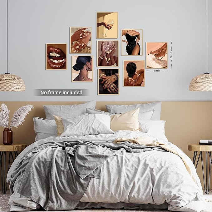 SEHSUVC Black Girl Posters Wall Art Set of 9, Abstract African American Woman Canvas Wall Decor Painting, Trendy Boho Artwork Aesthetics Prints for Living Room Bedroom Home Decor 8x10In Unframed