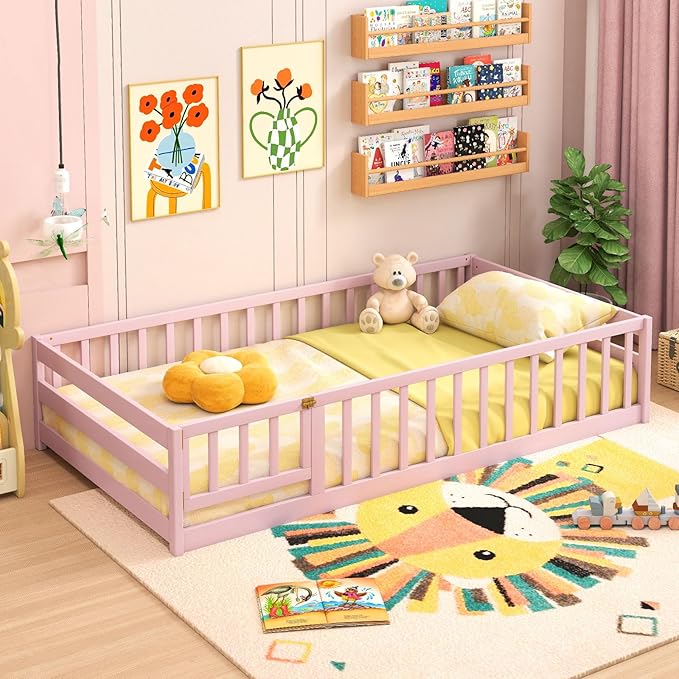 Giantex Twin Floor Bed with Door & Fence, Kids Wood Montessori Beds with Safety Guardrails, Floor Bed Twin for Kids, Boys, Girls, No Box Spring Needed, Pink