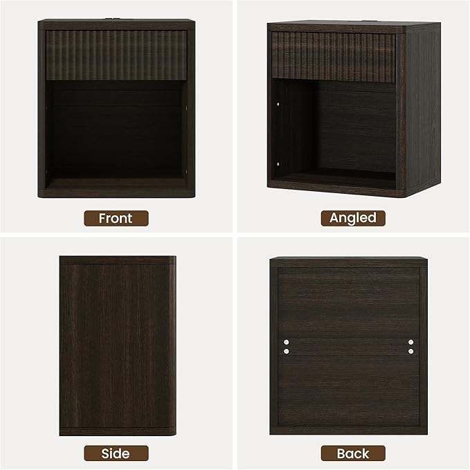 Fluted Nightstand Set of 2 with Charging Station, 21.7" Wide Modern Bedside Table with 1 Drawers Open Storage Cabinet, Wooden End Table for Bedroom,Walnut