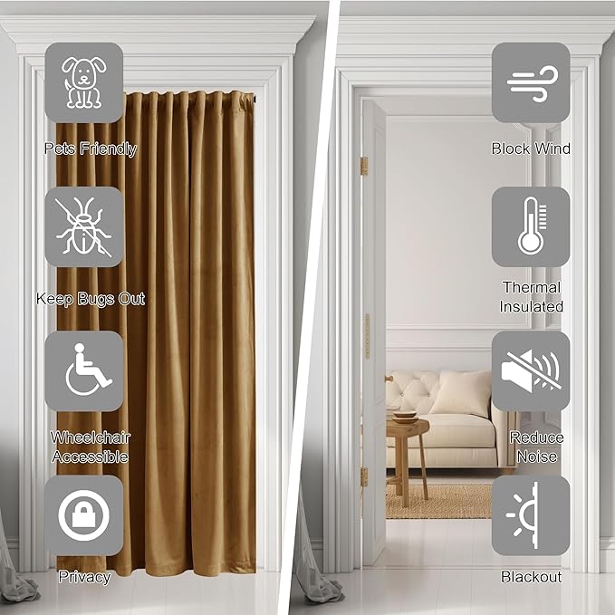 StangH Doorway Curtain Back Tab Gold Brown Velvet Thermal Insulated Sliding Door Panels Privacy Blackout Window Drapes Room Divider for Office Bedroom Closet, W62 x L80, 1 Panel