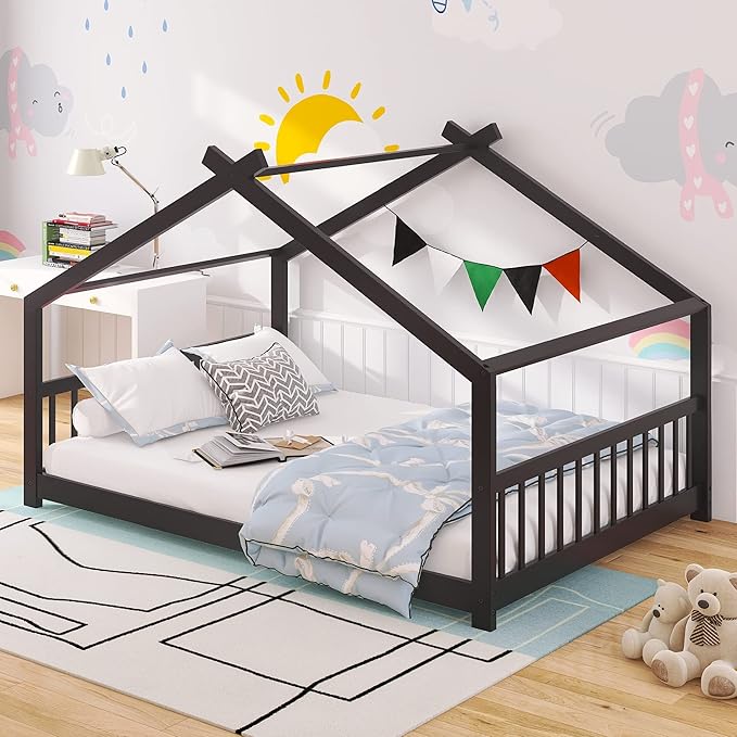 Ball & Cast Full Size Floor Bed,Low to Ground Design Montessori Bed with Roof,Toddler House Bed Frame W/Slats,No Box Spring Needed,for Girls Boys,Espresso