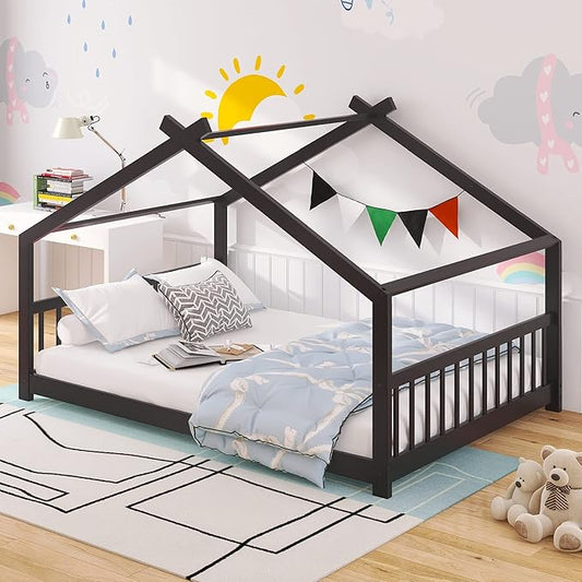 Ball & Cast Full Size Floor Bed,Low to Ground Design Montessori Bed with Roof,Toddler House Bed Frame W/Slats,No Box Spring Needed,for Girls Boys,Espresso