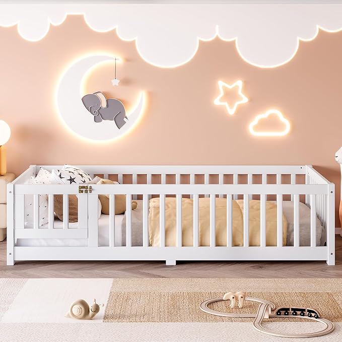Bellemave Twin Size Floor Bed with Rails for Kids, Girls, Boys, Pine,Plywood Floor Bed with slats and Door, White