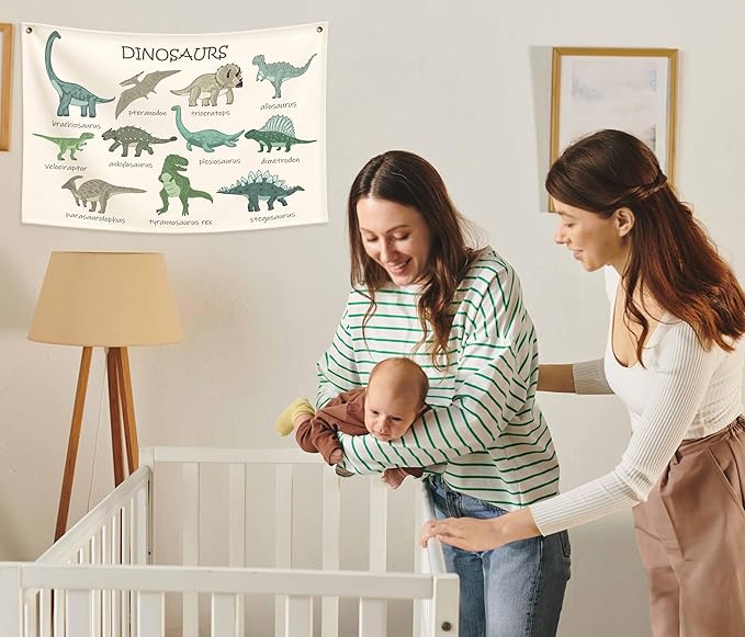 Dinosaurs Themed Rectangular Canvas Banner Flag Wall Sign Art Gift for Nursery Classroom Above Crib Bedroom Playroom Reading Room Wall Decor Baby Shower Kids Teen Birthday Christmas Gift