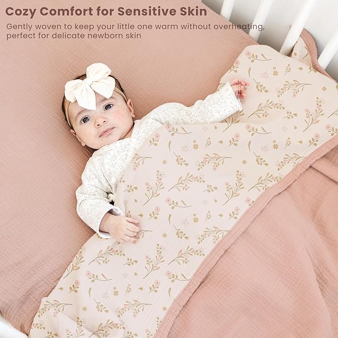 Konssy Muslin Baby Blankets for Girls Boys, 100% Cotton Crib Blanket for Infant Toddler, Super Soft and Lightweight Nursery Swaddling Wrap 47"x47" (Floral)