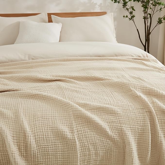 EMME Cotton Muslin Blanket Twin XL - 66"x90" Lightweight Breathable Light Tan Layering Bedspread Coverlet All Season Gauze