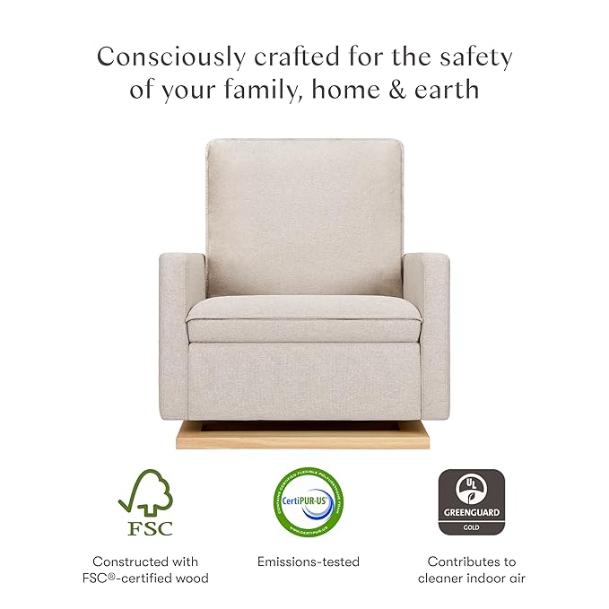babyletto Cali Pillowback Chair and a Half Glider in Performance Beach Eco-Weave with Light Wood Base, Water Repellent & Stain Resistant, Greenguard Gold and CertiPUR-US Certified