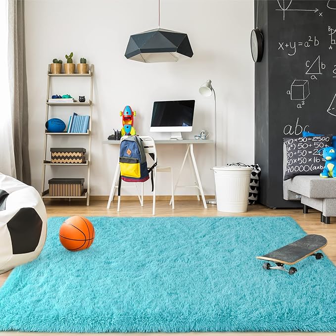 Merelax Modern Soft Fluffy Large Shaggy Rug for Bedroom Livingroom Dorm Kids Room Indoor Home Decorative, Non-Slip Plush Furry Fur Area Rugs Comfy Nursery Accent Floor Carpet 4'x6' Teal