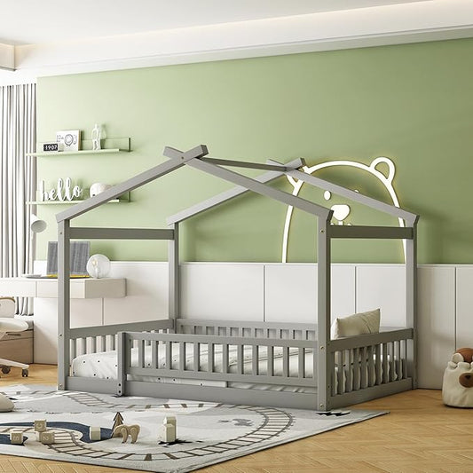 Merax Full Size Wooden House Bed with Fence, Wood Bed Frame with Roof and Safety Guardrail for Kids, Teens, Boys or Girls, Gray